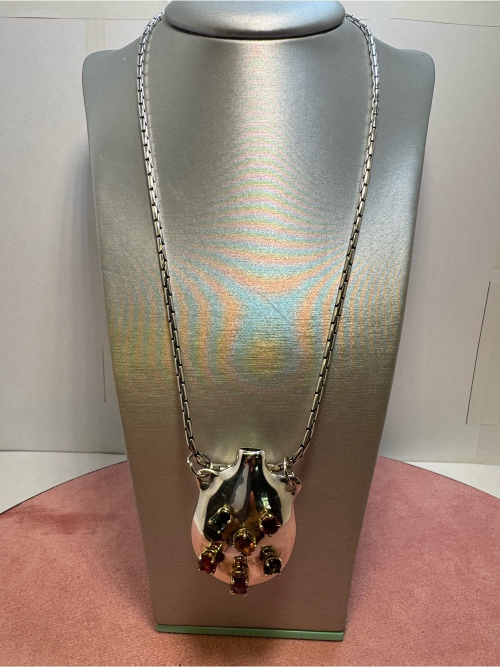 14K & Sterling Silver Multicolor Genstone Vase Pendant & Bali Chain Necklace
